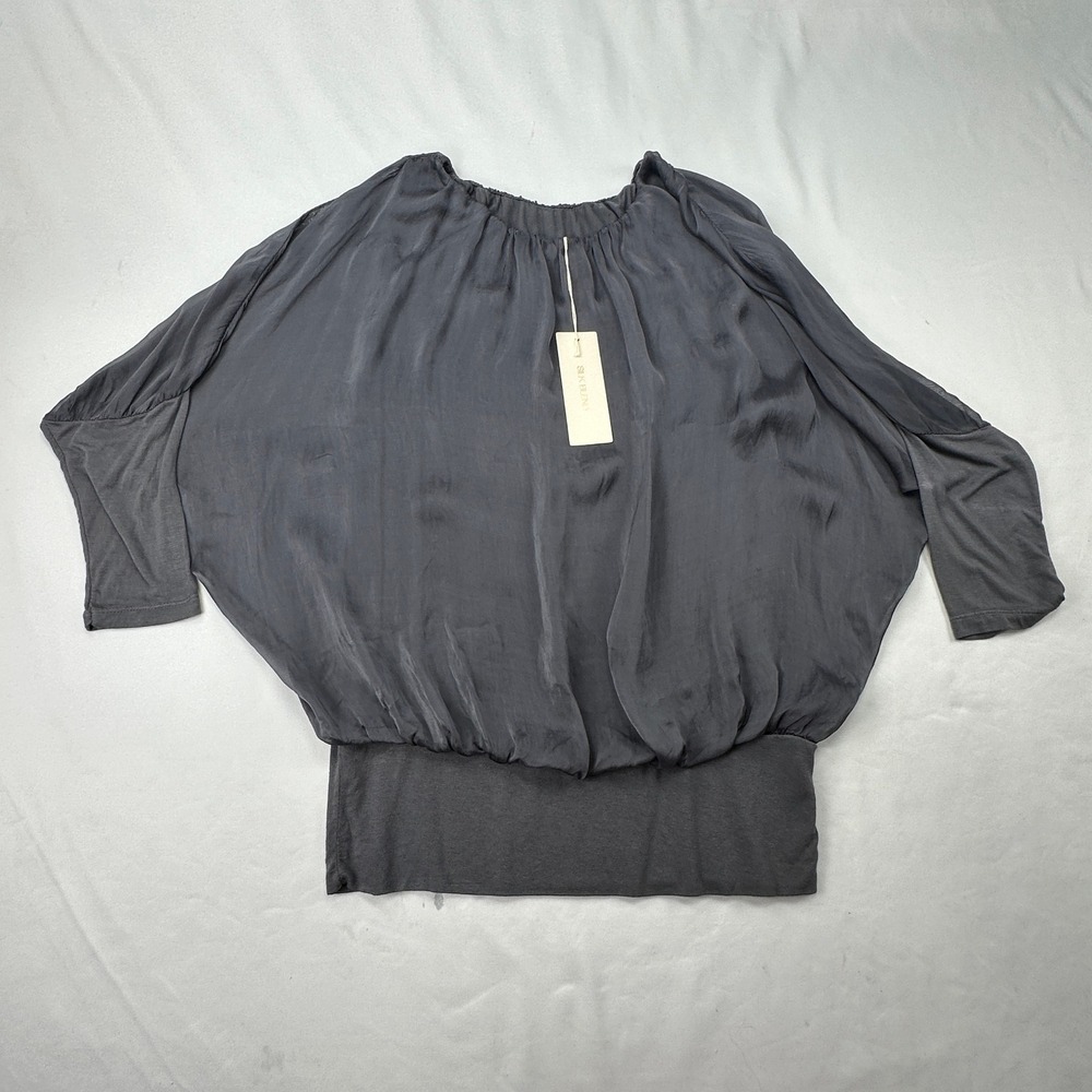 Giusy Silk Blend Lagenlook Dolman Sheer Overlay Gray Banded Blouse with Lining